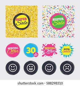 Gold glitter and confetti backgrounds. Covers, posters and flyers design. Smile icons. Happy, sad and wink faces symbol. Laughing lol smiley signs. Sale banners. Special offer splash. Vector