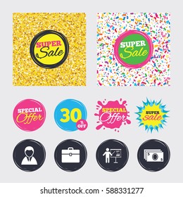 Gold glitter and confetti backgrounds. Covers, posters and flyers design. Businessman icons. Human silhouette and cash money signs. Case and presentation with chart symbols. Sale banners. Vector