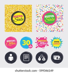 Gold glitter and confetti backgrounds. Covers, posters and flyers design. Bank loans icons. Cash money bag symbol. Apply for credit sign. Fill document and get cash money. Sale banners. Vector
