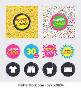 Gold glitter and confetti backgrounds. Covers, posters and flyers design. Clothes icons. T-shirt and bermuda shorts signs. Swimming trunks symbol. Sale banners. Special offer splash. Vector