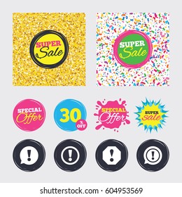 Gold glitter and confetti backgrounds. Covers, posters and flyers design. Attention icons. Exclamation speech bubble symbols. Caution signs. Sale banners. Special offer splash. Vector
