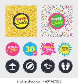 Gold glitter and confetti backgrounds. Covers, posters and flyers design. Beach holidays icons. Ball, umbrella and flip-flops sandals signs. Palm trees symbol. Sale banners. Special offer splash