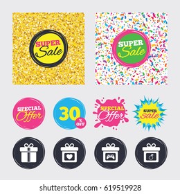 Gold glitter and confetti backgrounds. Covers, posters and flyers design. Gift box sign icons. Present with bow and ribbons symbols. Engagement ring sign. Video game joystick. Sale banners. Vector