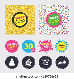 Gold glitter and confetti backgrounds. Covers, posters and flyers design. Happy new year icon. Christmas trees signs. World globe symbol. Sale banners. Special offer splash. Vector