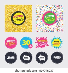 Gold glitter and confetti backgrounds. Covers, posters and flyers design. Back to school icons. Studies after the holidays signs symbols. Sale banners. Special offer splash. Vector
