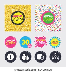 Gold glitter and confetti backgrounds. Covers, posters and flyers design. Information sign. Group of people and database symbols. Chat speech bubbles sign. Communication icons. Sale banners. Vector