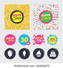 Gold glitter and confetti backgrounds. Covers, posters and flyers design. Birthday party icons. Cake with ice cream signs. Air balloon symbol. Sale banners. Special offer splash. Vector