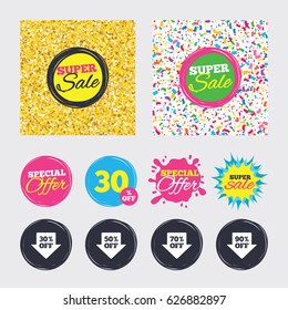 Gold glitter and confetti backgrounds. Covers, posters and flyers design. Sale arrow tag icons. Discount special offer symbols. 30%, 50%, 70% and 90% percent off signs. Sale banners. Vector