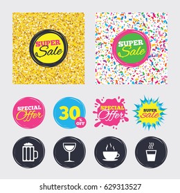 Gold glitter and confetti backgrounds. Covers, posters and flyers design. Drinks icons. Coffee cup and glass of beer symbols. Wine glass sign. Sale banners. Special offer splash. Vector