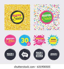 Gold glitter and confetti backgrounds. Covers, posters and flyers design. Back to school sale icons. Studies after the holidays signs. Pencil symbol. Sale banners. Special offer splash. Vector
