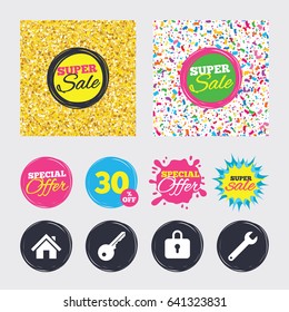 Gold glitter and confetti backgrounds. Covers, posters and flyers design. Home key icon. Wrench service tool symbol. Locker sign. Main page web navigation. Sale banners. Special offer splash. Vector