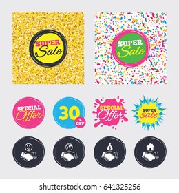 Gold glitter and confetti backgrounds. Covers, posters and flyers design. Handshake icons. World, Smile happy face and house building symbol. Dollar cash money bag. Amicable agreement. Sale banners
