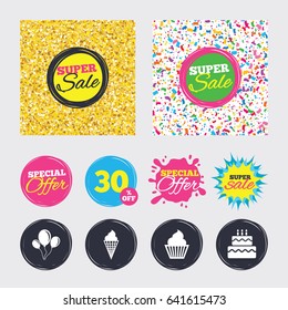 Gold glitter and confetti backgrounds. Covers, posters and flyers design. Birthday party icons. Cake with ice cream signs. Air balloons with rope symbol. Sale banners. Special offer splash. Vector