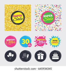 Gold glitter and confetti backgrounds. Covers, posters and flyers design. Birthday party icons. Cake and gift box signs. Air balloons and fireworks symbol. Sale banners. Special offer splash. Vector