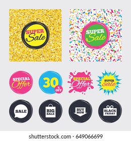 Gold glitter and confetti backgrounds. Covers, posters and flyers design. Sale speech bubble icons. Buy now arrow symbols. Black friday gift box signs. Big sale shopping bag. Sale banners. Vector