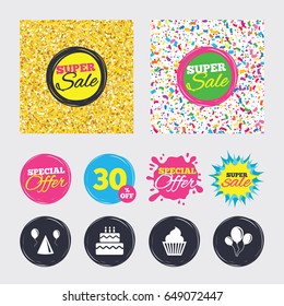 Gold glitter and confetti backgrounds. Covers, posters and flyers design. Birthday party icons. Cake, balloon, hat and muffin signs. Celebration symbol. Cupcake sweet food. Sale banners. Vector