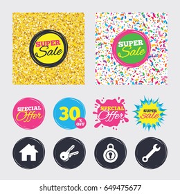 Gold glitter and confetti backgrounds. Covers, posters and flyers design. Home key icon. Wrench service tool symbol. Locker sign. Main page web navigation. Sale banners. Special offer splash. Vector
