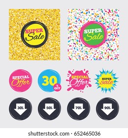 Gold glitter and confetti backgrounds. Covers, posters and flyers design. Sale arrow tag icons. Discount special offer symbols. 30%, 50%, 70% and 90% percent discount signs. Sale banners. Vector