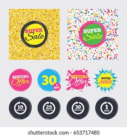 Gold glitter and confetti backgrounds. Covers, posters and flyers design. Every 10, 25, 30 minutes and 1 hour icons. Full rotation arrow symbols. Iterative process signs. Sale banners. Vector
