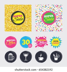 Gold glitter and confetti backgrounds. Covers, posters and flyers design. Drinks icons. Coffee cup and glass of beer symbols. Wine glass and cocktail signs. Sale banners. Special offer splash. Vector