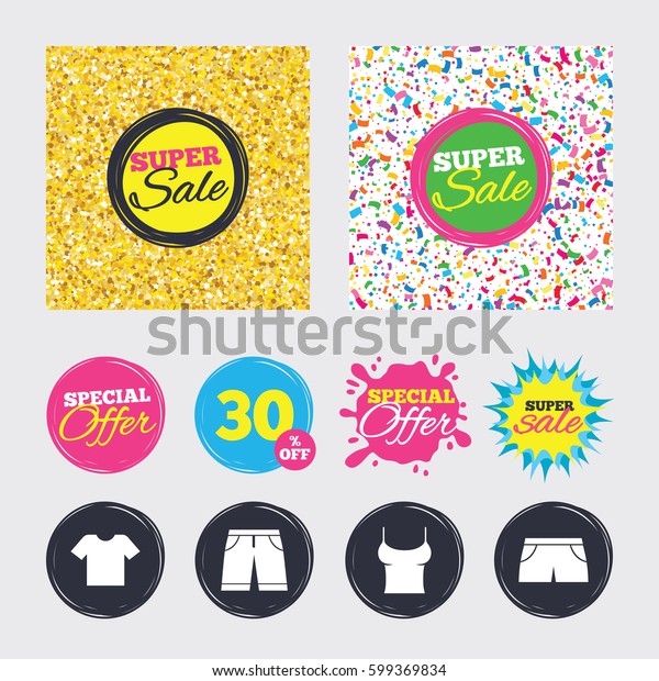 Gold glitter and confetti backgrounds. Covers,\
posters and flyers design. Clothes icons. T-shirt and bermuda\
shorts signs. Swimming trunks symbol. Sale banners. Special offer\
splash. Vector