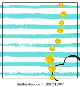 Gold glitter confetti with dots on turquoise stripes. Shiny falling sequins with shimmer and sparkles. Template with gold glitter confetti for party invitation, banner, greeting card, bridal shower.
