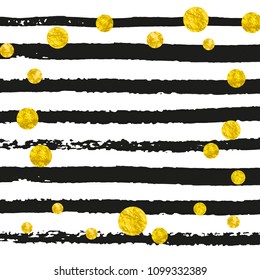 Gold glitter confetti with dots on black stripes. Falling sequins with glossy sparkles. Template with gold glitter confetti for party invitation, banner, greeting card, bridal shower.
