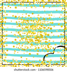 Gold glitter confetti with dots on turquoise stripes. Shiny falling sequins with shimmer and sparkles. Template with gold glitter confetti for greeting card, bridal shower and save the date invite.