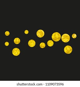 Gold glitter confetti with dots on isolated backdrop. Shiny random falling sequins with sparkles. Template with gold glitter confetti for party invitation, event banner, flyer, birthday card.