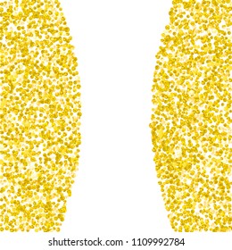 Gold glitter confetti with dots on isolated backdrop. Sequins with metallic shimmer and sparkles. Template with gold glitter confetti for party invitation, banner, greeting card, bridal shower.