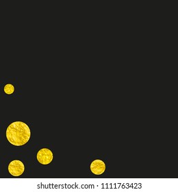 Gold glitter confetti with dots on isolated backdrop. Sequins with metallic shimmer and sparkles. Template with gold glitter confetti for party invitation, event banner, flyer, birthday card.