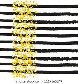 Gold glitter confetti with dots on black stripes. Shiny falling sequins with shimmer and sparkles. Template with gold glitter confetti for party invitation, banner, greeting card, bridal shower.