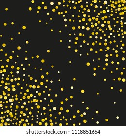 Gold glitter confetti with dots on isolated backdrop. Shiny random sequins with metallic sparkles. Template with gold glitter confetti for party invitation, banner, greeting card, bridal shower.