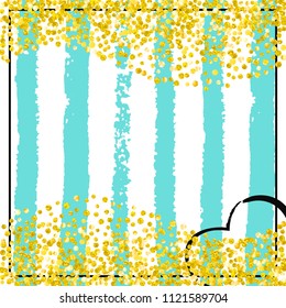 Gold glitter confetti with dots on turquoise stripes. Falling sequins with metallic shimmer. Template with gold glitter confetti for greeting card, bridal shower and save the date invite.