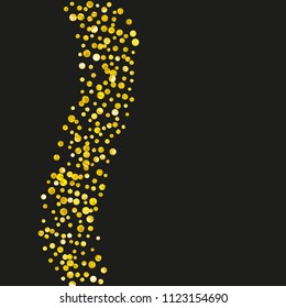 Gold glitter confetti with dots on isolated backdrop. Falling sequins with glossy sparkles. Template with gold glitter confetti for party invitation, banner, greeting card, bridal shower.