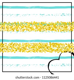 Gold glitter confetti with dots on turquoise stripes. Random falling sequins with glossy sparkles. Template with gold glitter confetti for party invitation, banner, greeting card, bridal shower.