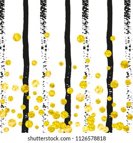 Gold glitter confetti with dots on black stripes. Falling sequins with metallic shimmer. Template with gold glitter confetti for party invitation, bridal shower and save the date invite.