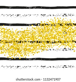 Gold glitter confetti with dots on black stripes. Shiny random falling sequins with shimmer. Template with gold glitter confetti for party invitation, event banner, flyer, birthday card.