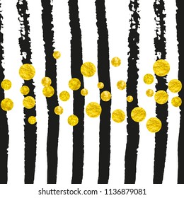 Gold glitter confetti with dots on black stripes. Falling sequins with glossy sparkles. Template with gold glitter confetti for party invitation, event banner, flyer, birthday card.