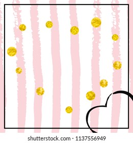 Gold glitter confetti with dots on pink stripes. Falling sequins with glossy sparkles. Template with gold glitter confetti for party invitation, bridal shower and save the date invite.