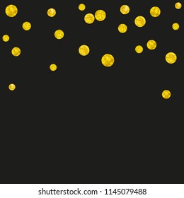 Gold glitter confetti with dots on isolated backdrop. Random falling sequins with metallic shimmer. Template with gold glitter confetti for party invitation, banner, greeting card, bridal shower.