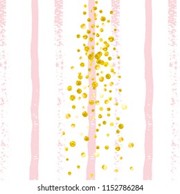 Gold glitter confetti with dots on pink stripes. Shiny random falling sequins with shimmer. Template with gold glitter confetti for party invitation, banner, greeting card, bridal shower.