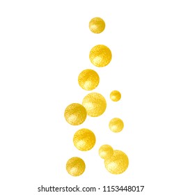 Gold glitter confetti with dots on isolated backdrop. Random falling sequins with metallic shimmer. Template with gold glitter confetti for party invitation, bridal shower and save the date invite.