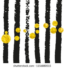 Gold glitter confetti with dots on black stripes. Shiny random sequins with metallic sparkles. Template with gold glitter confetti for greeting card, bridal shower and save the date invite.