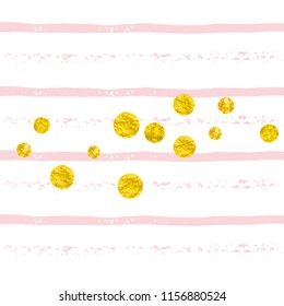 Gold glitter confetti with dots on pink stripes. Shiny random sequins with metallic sparkles. Template with gold glitter confetti for party invitation, event banner, flyer, birthday card.
