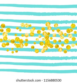 Gold glitter confetti with dots on turquoise stripes. Shiny falling sequins with shimmer and sparkles. Template with gold glitter confetti for party invitation, bridal shower and save the date invite.