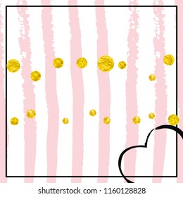 Gold glitter confetti with dots on pink stripes. Random falling sequins with metallic shimmer. Template with gold glitter confetti for party invitation, banner, greeting card, bridal shower.
