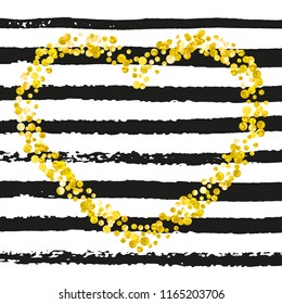 Gold glitter confetti with dots on black stripes. Sequins with metallic shimmer and sparkles. Template with gold glitter confetti for greeting card, bridal shower and save the date invite.