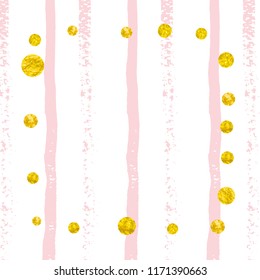 Gold glitter confetti with dots on pink stripes. Falling sequins with glossy sparkles. Template with gold glitter confetti for party invitation, event banner, flyer, birthday card.