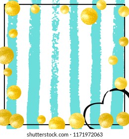 Gold glitter confetti with dots on turquoise stripes. Shiny random falling sequins with shimmer. Template with gold glitter confetti for party invitation, bridal shower and save the date invite.
